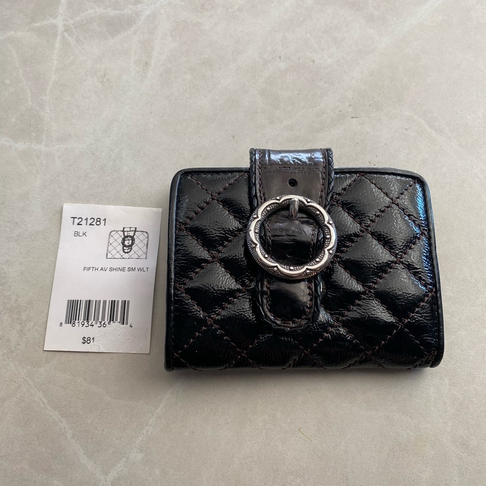 Brighton Black Quilted Patent Leather Wallet with Silver Floral Buckle